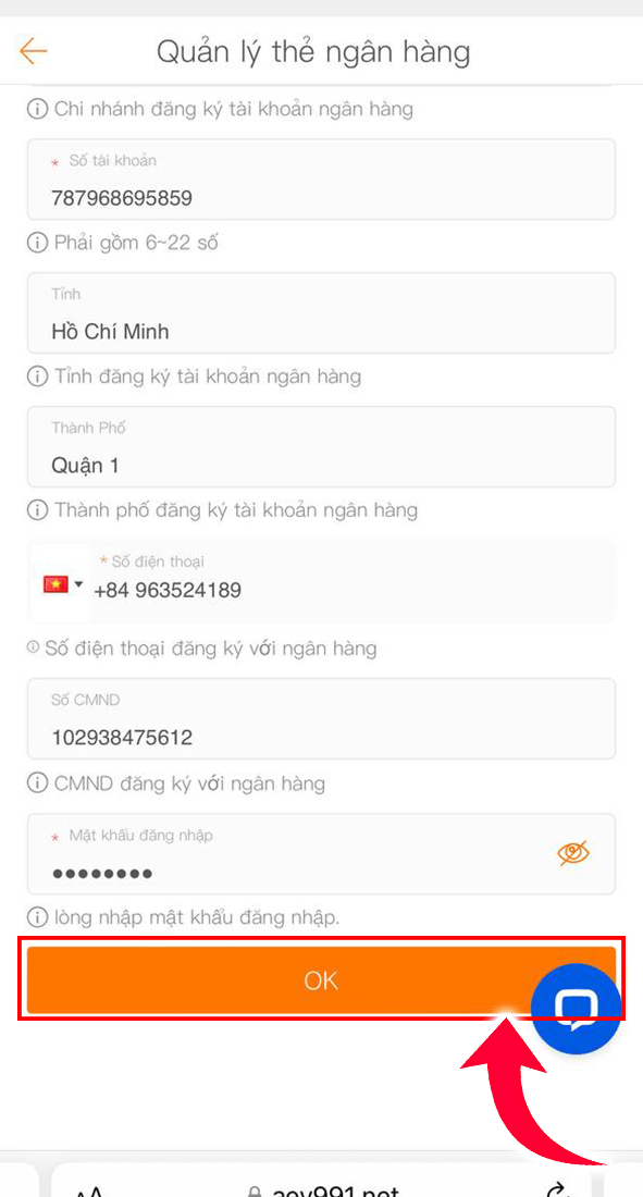 Bấm OK để hoàn tất quả trình liên kết ngân hàng Bấm OK để hoàn tất quả trình liên kết ngân hàng