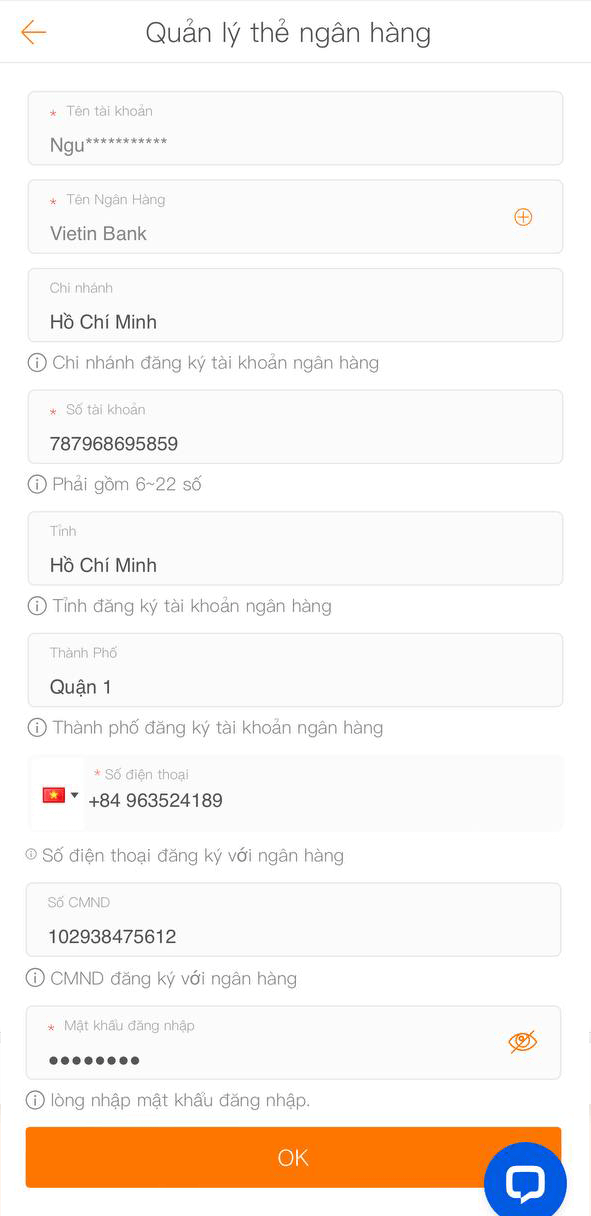 Điền đầy đủ thông tin ngân hàng Điền đầy đủ thông tin ngân hàng