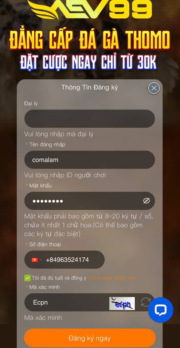 Điền đầy đủ thông tin yêu cầu để đăng ký AEV99 Điền đầy đủ thông tin yêu cầu để đăng ký AEV99